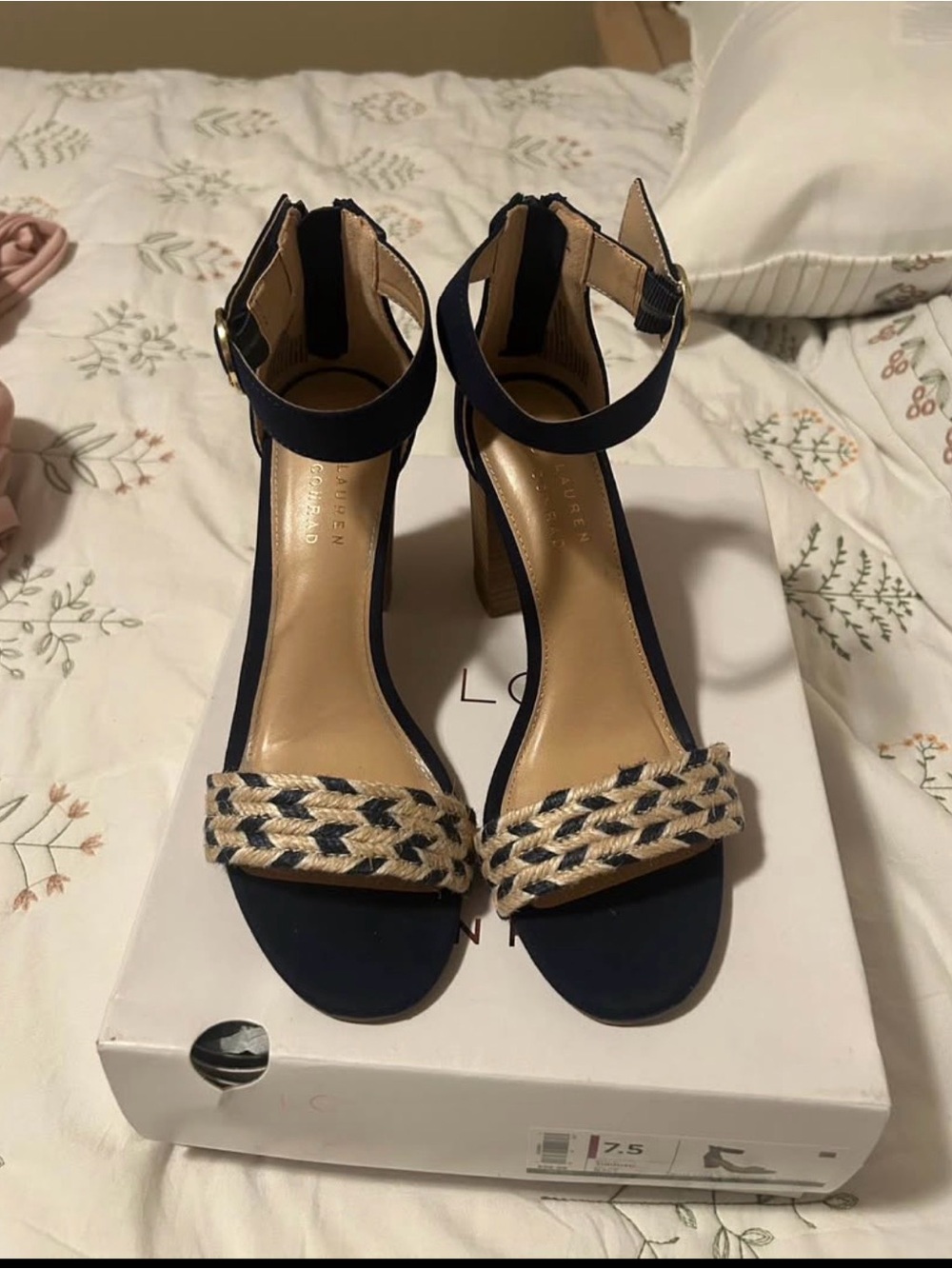 LC Lauren Conrad Navy and Natural Braided Ankle-Strap Heels